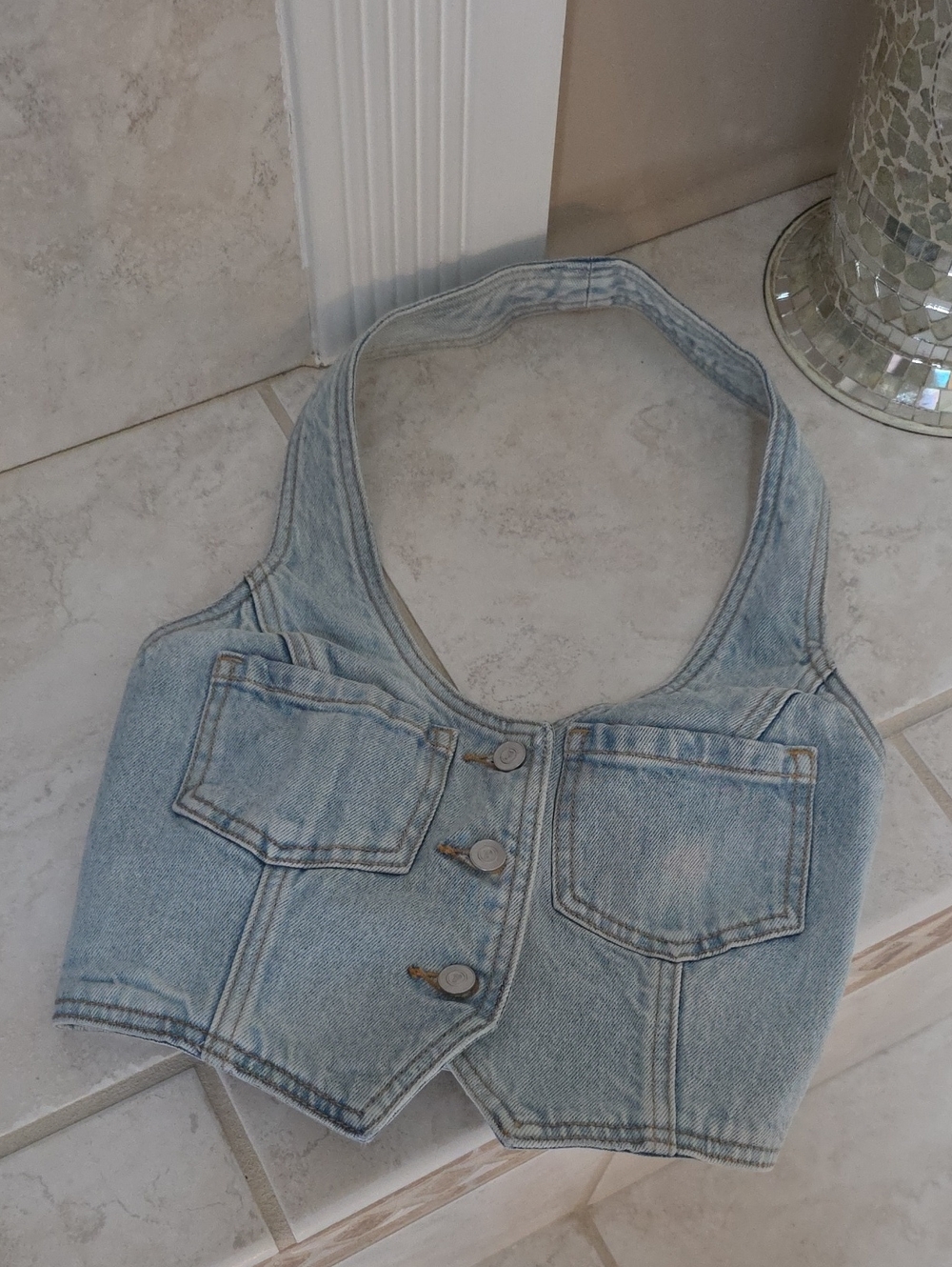 🌟🩷 PINK Victoria's Secret Light Blue Denim Halter Crop Top VEST 🩷🌟